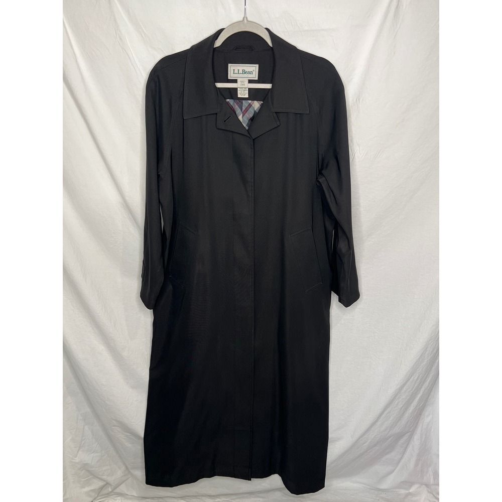 VTG LL Bean Women's Large Petite Black Trench Duster Coat Long Neutral Classic